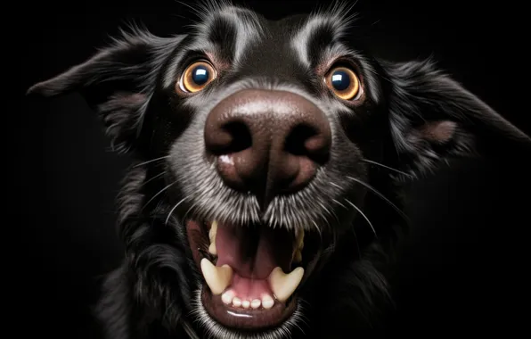 Dog, Look, Black background, Fangs, Face, Labrador, Front, Digital art
