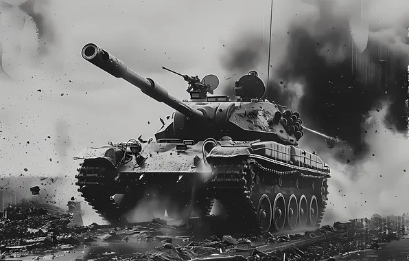 Dust, Smoke, Retro, Tank, Digital art, Black and white, AI art, The Art of Artificial …