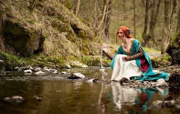 Picture stream, river, sitting, cosplay, Triss Merigold, Triss Merigold, The Witcher 3 Wild Hunt, Rozari Cosplay