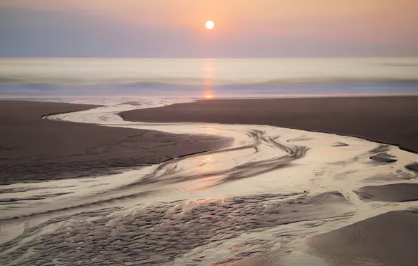 Sand, sea, beach, the sky, the sun, light, river, dawn