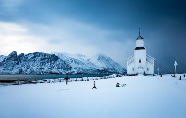 Picture winter, white, snow, mountains, rocks, shore, Norway, Church