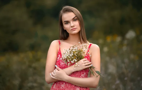 Picture look, flowers, pose, background, model, portrait, chamomile, bouquet