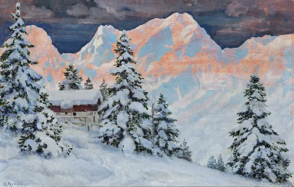 Winter, Mountains, Trees, Snow, House, Picture, Alois Arnegger, Alois Arnegger