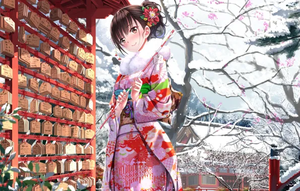 Picture the sky, girl, snow, smile, temple, kimono, anime, art