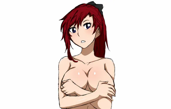 Girl, sexy, red hair, long hair, boobs, anime, beautiful, purple eyes