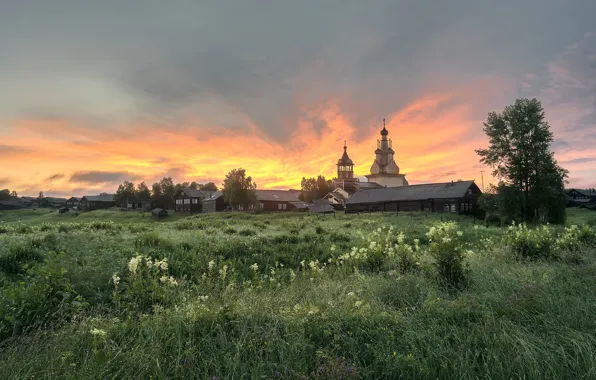 Summer, morning, village, Church, Arkhangelsk oblast, Kimzha