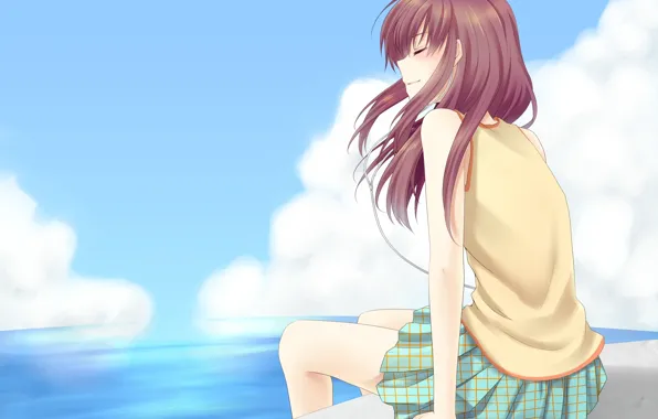 The sky, girl, clouds, the ocean, anime, art, sitting, closed eyes
