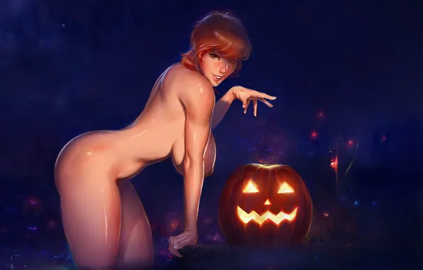 Girl, night, lights, pumpkin, Halloween, Art, nudity, huge eyes