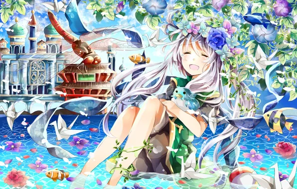 Water, girl, fish, joy, flowers, castle, anime, petals