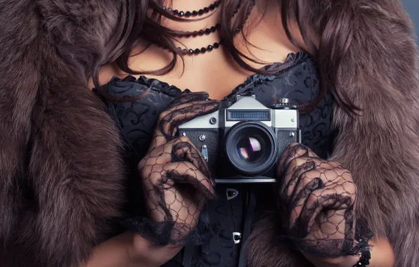 Girl, the camera, gloves, fur, corset