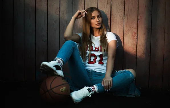 Hair, the ball, Girl, jeans, legs, sitting