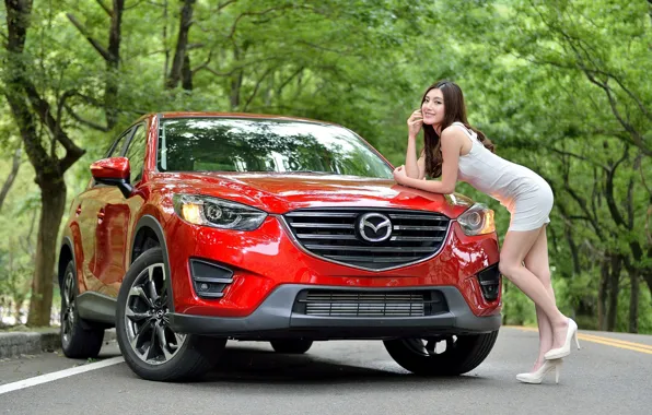 Look, Girls, Mazda, Asian, beautiful girl, red car, posing leaning on the car