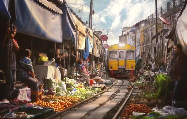 The city, people, train, Thailand, Bangkok, market