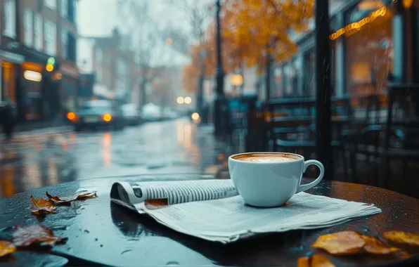 Road, autumn, leaves, the city, lights, table, rain, street