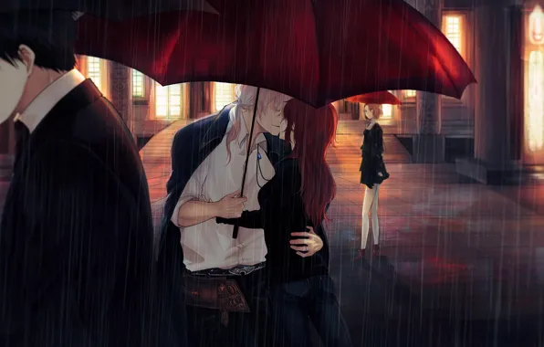 Night, rain, romance, umbrella, two, passers-by