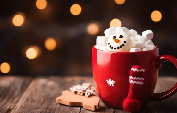Lights, table, Board, Christmas, mug, Cup, New year, snowman
