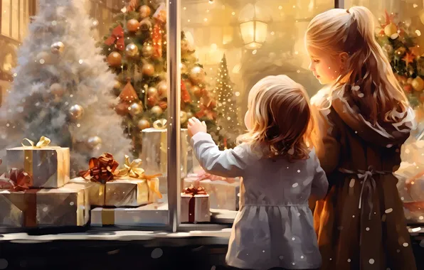 Picture Christmas, New year, Tree, Two, Girls, Toys, Digital art, AI art