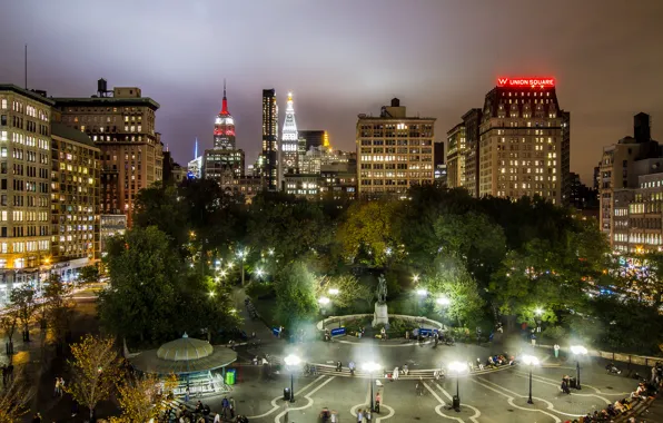 Trees, night, lights, home, New York, area, USA, Manhattan