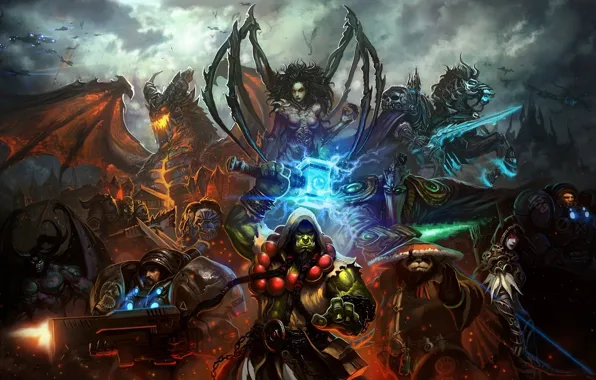 Picture weapons, ships, art, Panda, starcraft, World of Warcraft, Orc, characters