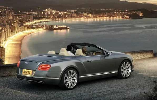 Picture beach, night, the city, lights, shore, continental, bentley, convertible