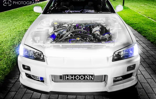 White, tuning, the hood, Nissan, the front, Nissan Skyline, R34