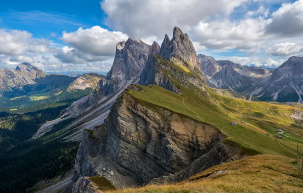 Picture the sky, grass, clouds, mountains, blue, open, rocks, the slopes