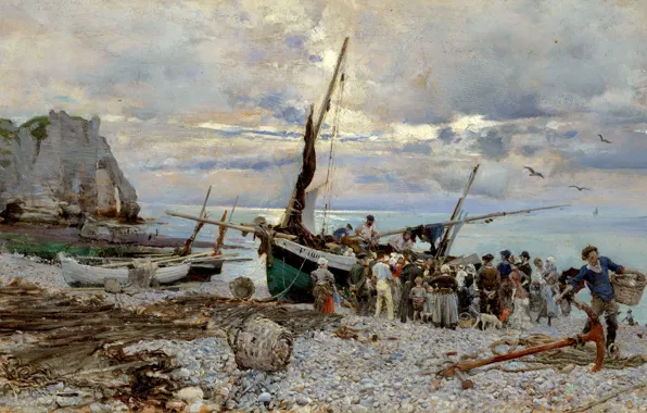 Sea, people, rocks, shore, picture, seascape, Étretat, Giovanni Boldini