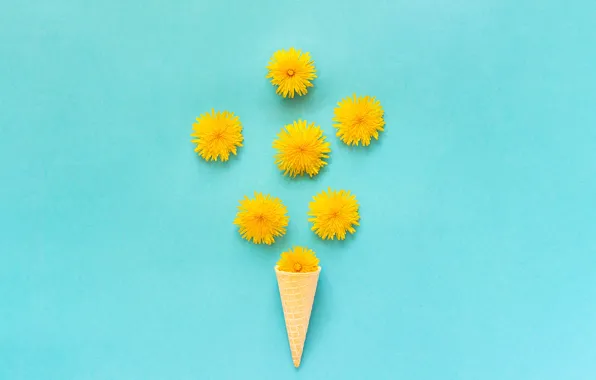 Flowers, background, blue, yellow, dandelions