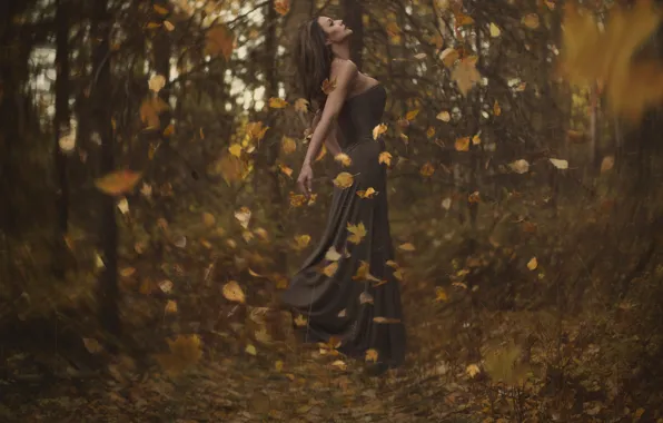 Picture autumn, forest, leaves, girl, vortex