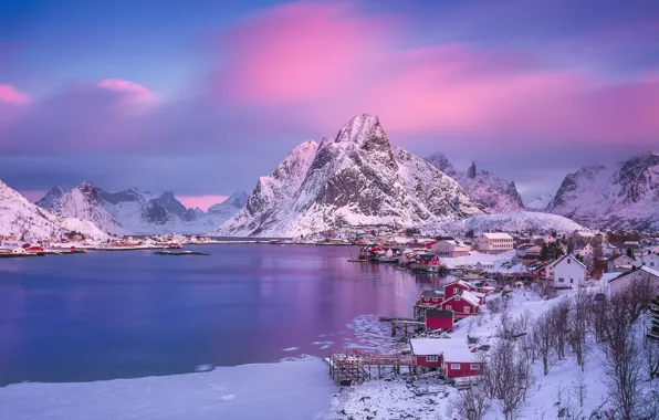 Picture light, morning, Norway, town, the village, The Lofoten Islands, pink sky