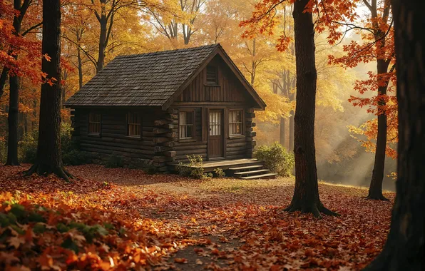 Autumn, forest, leaves, house, hut, forest, autumn, leaves