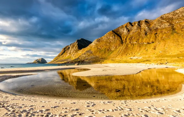 Sand, sea, beach, the sky, clouds, landscape, mountains, traces