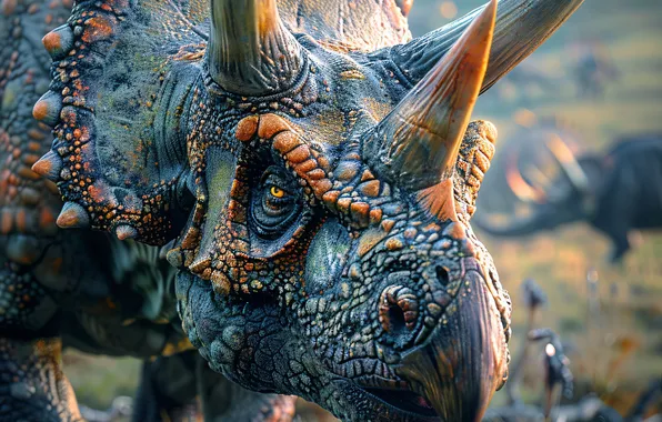 Face, Dinosaur, Horns, Triceratops, Animal, Digital art, Triceratops, Ancient animals