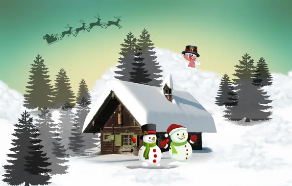 Snow, landscape, house, Christmas, snowmen