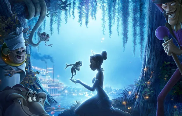 Picture night, river, cartoon, frog, tale, Princess, miracle