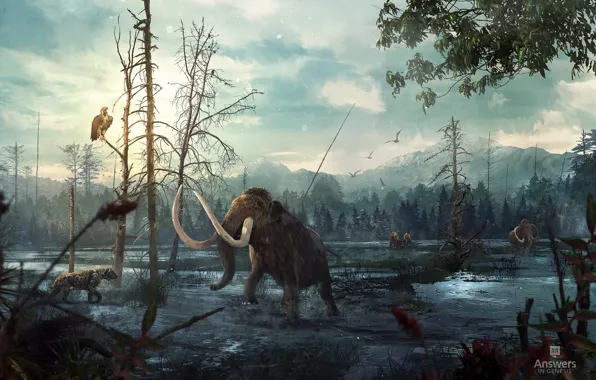 Picture forest, mountains, animal, swamp, Tar Pit