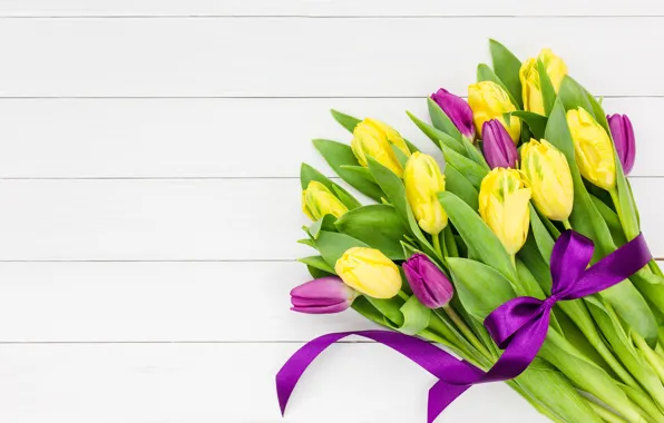 Flowers, bouquet, yellow, purple, tape, tulips, yellow, flowers