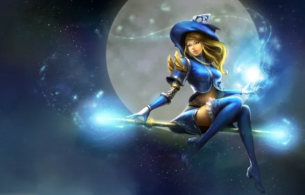 Picture the sky, girl, flight, smile, magic, the moon, hat, anime