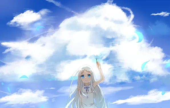 Picture flower, the sky, girl, clouds, anime, petals, art, unprecedented flower
