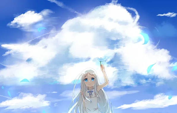The sky, girl, clouds, flowers, anime, petals, art, Ano Hi Mita Hana no Namae wo …