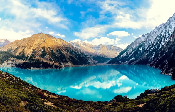 Forest, the sky, mountains, lake, reflection, beautiful, Kazakhstan, Big Almaty lake