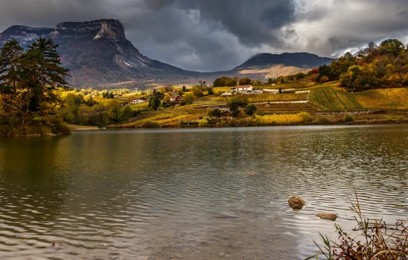 Picture autumn, clouds, mountains, shore, houses, pine, pond, settlement