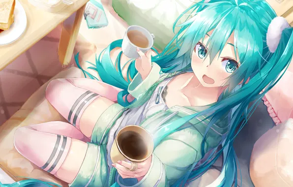 Girl, coffee, Breakfast, morning, Cup, toast