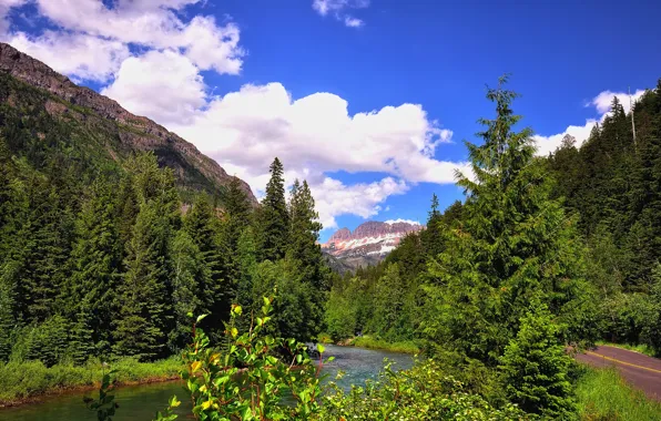 Road, forest, the sky, mountains, river, USA, glacier national park, montana