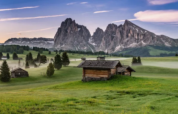 Picture mountains, fog, morning, Italy, houses, The Dolomites