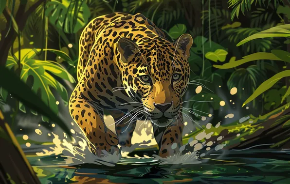 Picture Water, Grass, Look, Jaguar, Predator, Jungle, Art, River