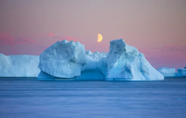 Picture moon, twilight, sea, evening, dusk, iceberg