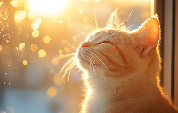 Cat, cat, mustache, glass, the sun, rays, light, pose