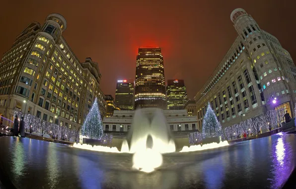 Lights, holiday, England, London, home, Christmas, fountain, One Canada Square-The Wharf