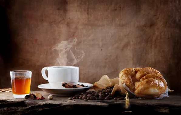 Coffee, cinnamon, coffee beans, croissant